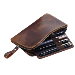 Vintage Leather Zippered Pen Case with Multiple Slots — Large Capacity Portable Stationery Organizer
