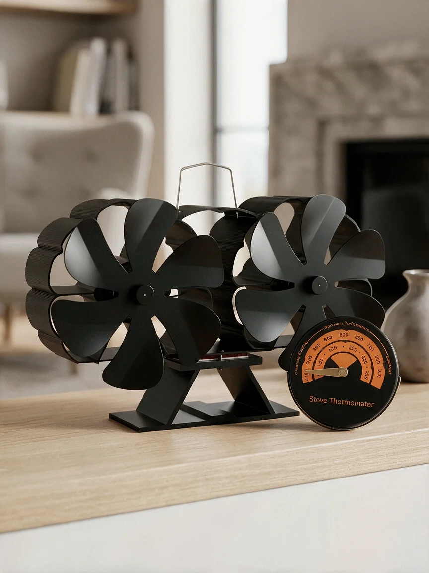Dual Head Heat Powered Wood Stove Fan 8 Blades Silent Fireplace Fan Heat Circulation Fan with Stove Thermometer for Log Burner