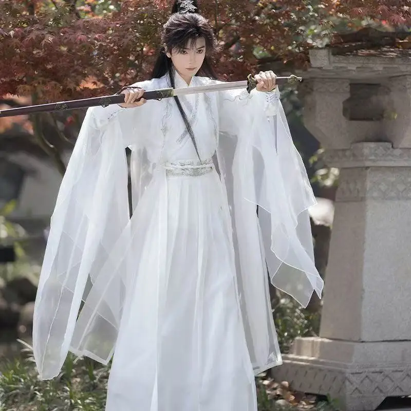 Set Kostum Periode Weijin Tiongkok Pria Wanita Hanfu Bordir Putih Tradisional Setelan Cosplay Pendekar Peri Pakaian Pesta Panggung