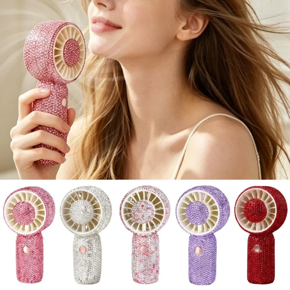 Sparkling Rhinestone Handheld Fan 3 Gears Strong Wind Portable Hand Fan Exquisite Long-Lasting Personal Electric Fan Camping