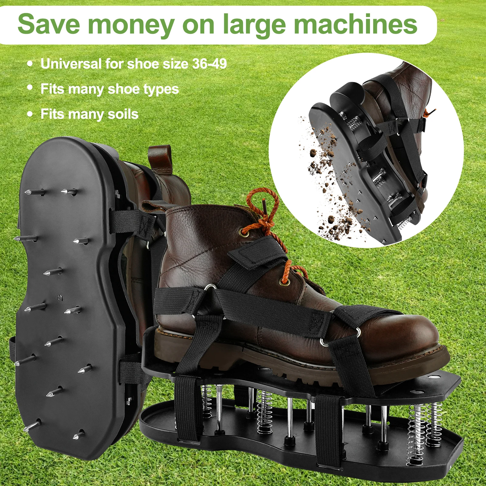 Lawn Aerator Shoes with Spring Base Automatic Leaf and Dirt Cleaning Adjustable Laces–Perfect for Lawn, Yard