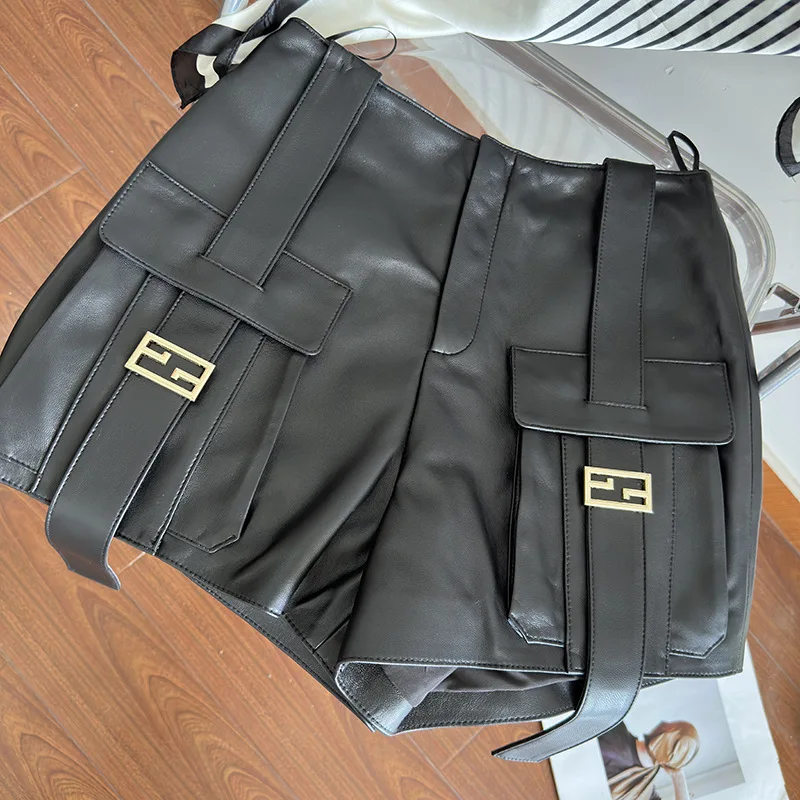 Luxe Echt Leren Shorts Vrouwen Retro High Street Schapenvacht Hoge Taille Mode Cargo Broek Wijde Pijpen Leren Shorts Y 2K Stijl