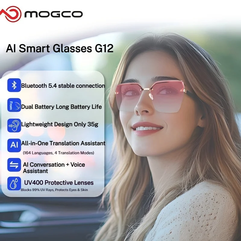 

GL12-5 AI Smart Bluetooth Glasses UV400, Music/Calls Touch Control, First-Person Photo, Ultra-Light Blush Sunglasses