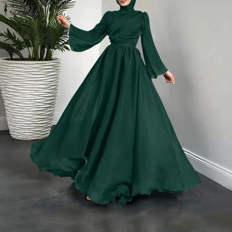 

Мусульманские платья-хиджабы, модные абайи ZANZEA, женское платье-сарафан с воротником-стойкой, длинными рукавами, плиссировкой и поясом, стильное праздничное платье для Рамадана