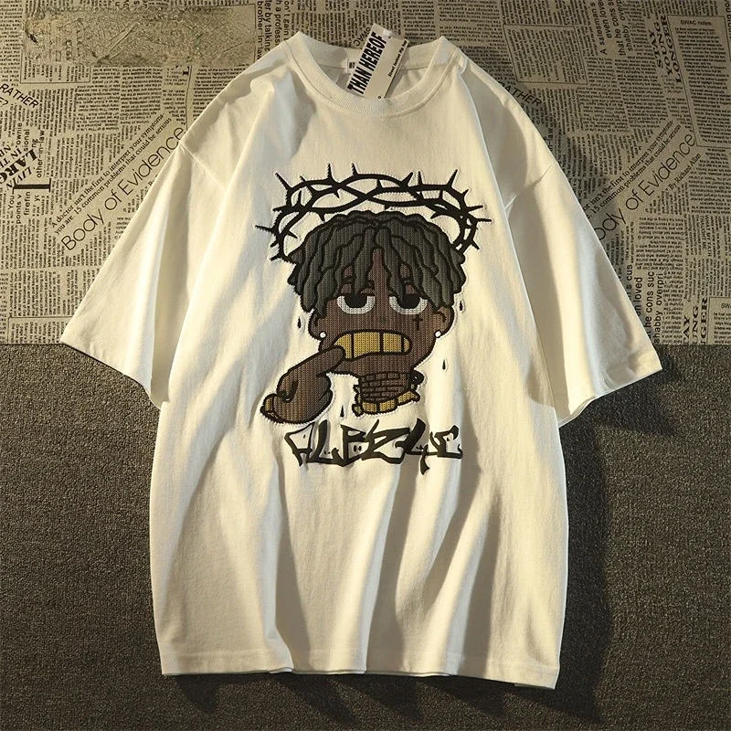 Camiseta de manga corta estilo Retro Hiphop Pixel dibujos animados para hombres y mujeres Ins verano suelta High Street pareja Top Y2k gótico