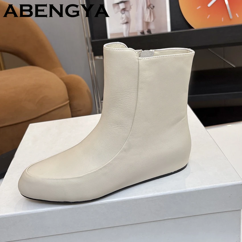 2025 الخريف موجزة جلد طبيعي حذاء من الجلد النساء جولة تو الجانب سستة تشيلسي الأحذية الإناث النمط البريطاني قصيرة بوتاس موهير #4