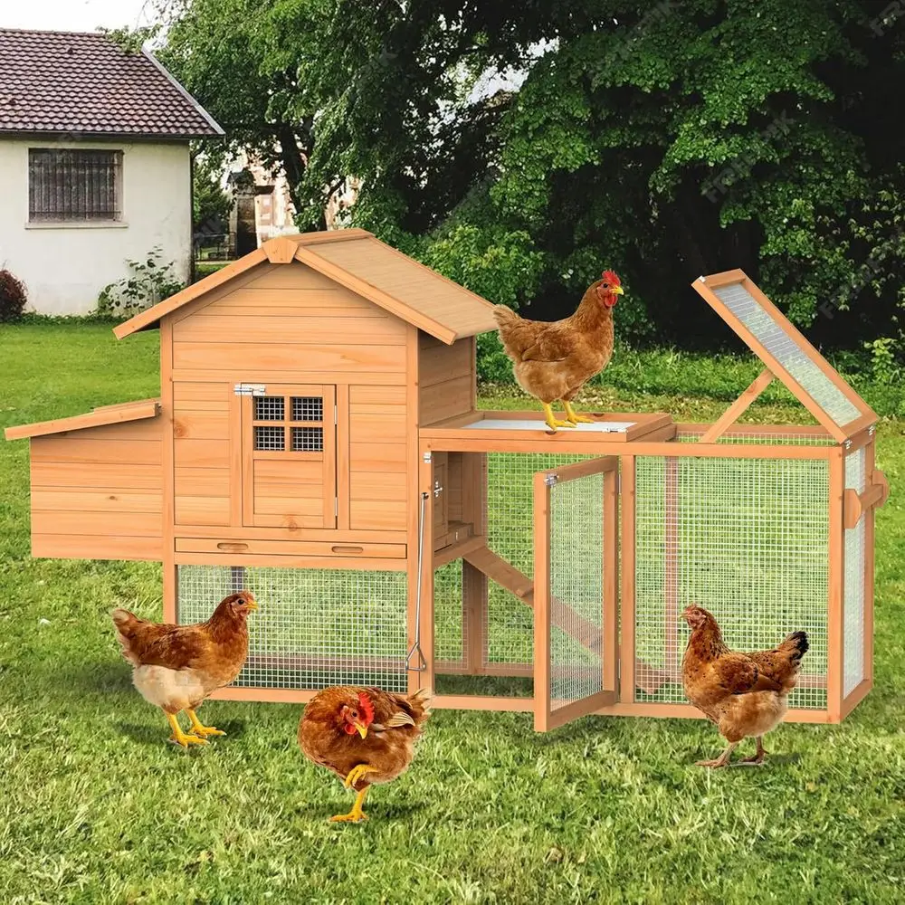 

Portable Wooden Chicken Coop with Wheels, 4-Chicken Capacity, Run, Nesting Area, and Removable Tray
