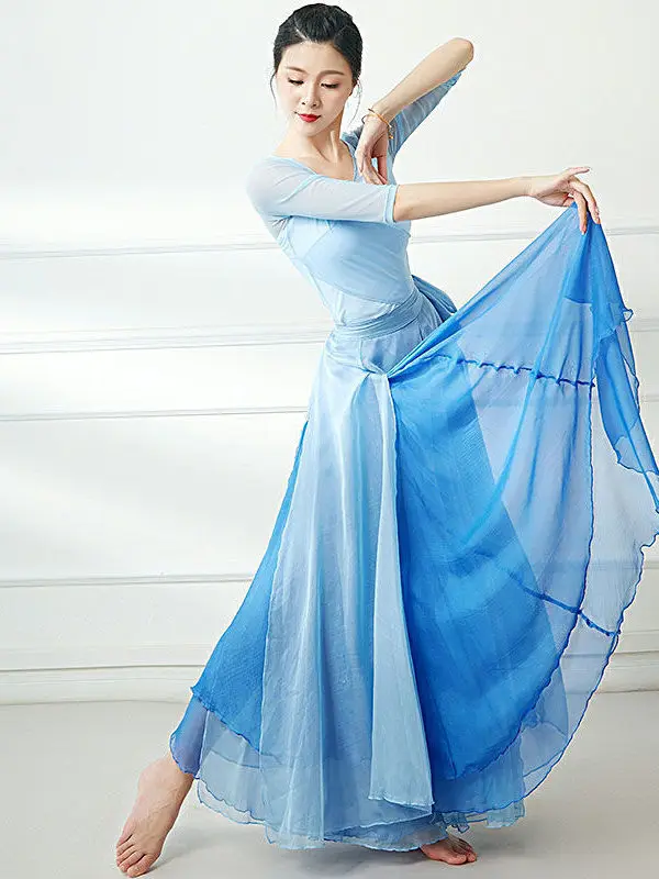 Classical Dance One Piece Tie Up Double Layer Swing Skirt 720 Degrees Two Color Tie Up Dance Tencel Half Body Chiffon Set