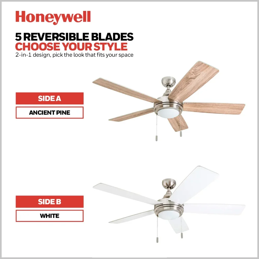 Honeywell-ventilador de techo con luz integrada, luz LED de níquel cepillado moderno de 52 pulgadas, Ventnor