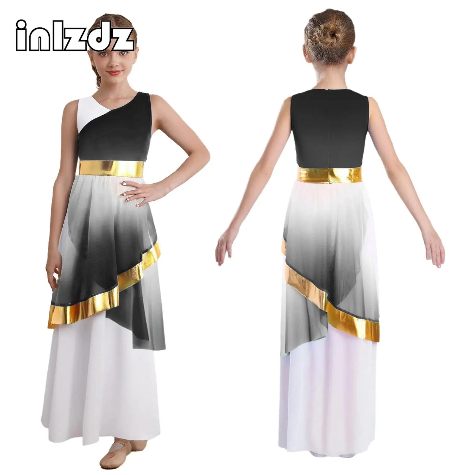 

Kids Girls Lyrical Praise Dance Costume Sleeveless Stylish Asymmetrical Mesh Layer Dress Modern Dance Choir Performance Clothes