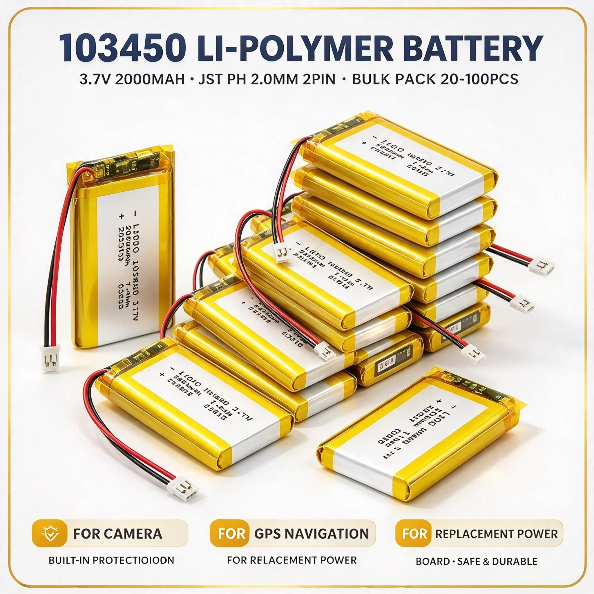 Bulk Pack 20-100PCS 103450 3.7V 2000mAh Li-Polymer Rechargeable Battery, JST PH 2.0mm 2Pin for Camera GPS Navigation