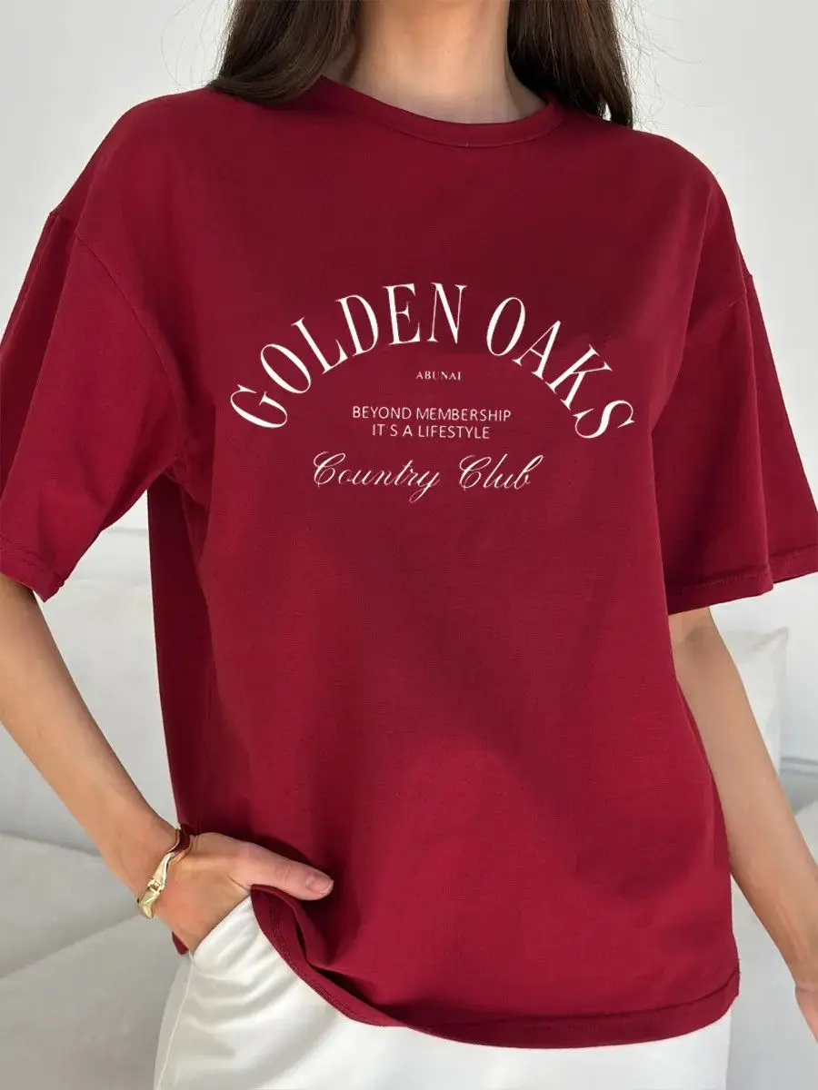 American trendy Wine Red Soft Cotton T-Shirt Vintage Arch Golden Oaks Country Club Print Preppy Golf Aesthetic Loose Casual Tee