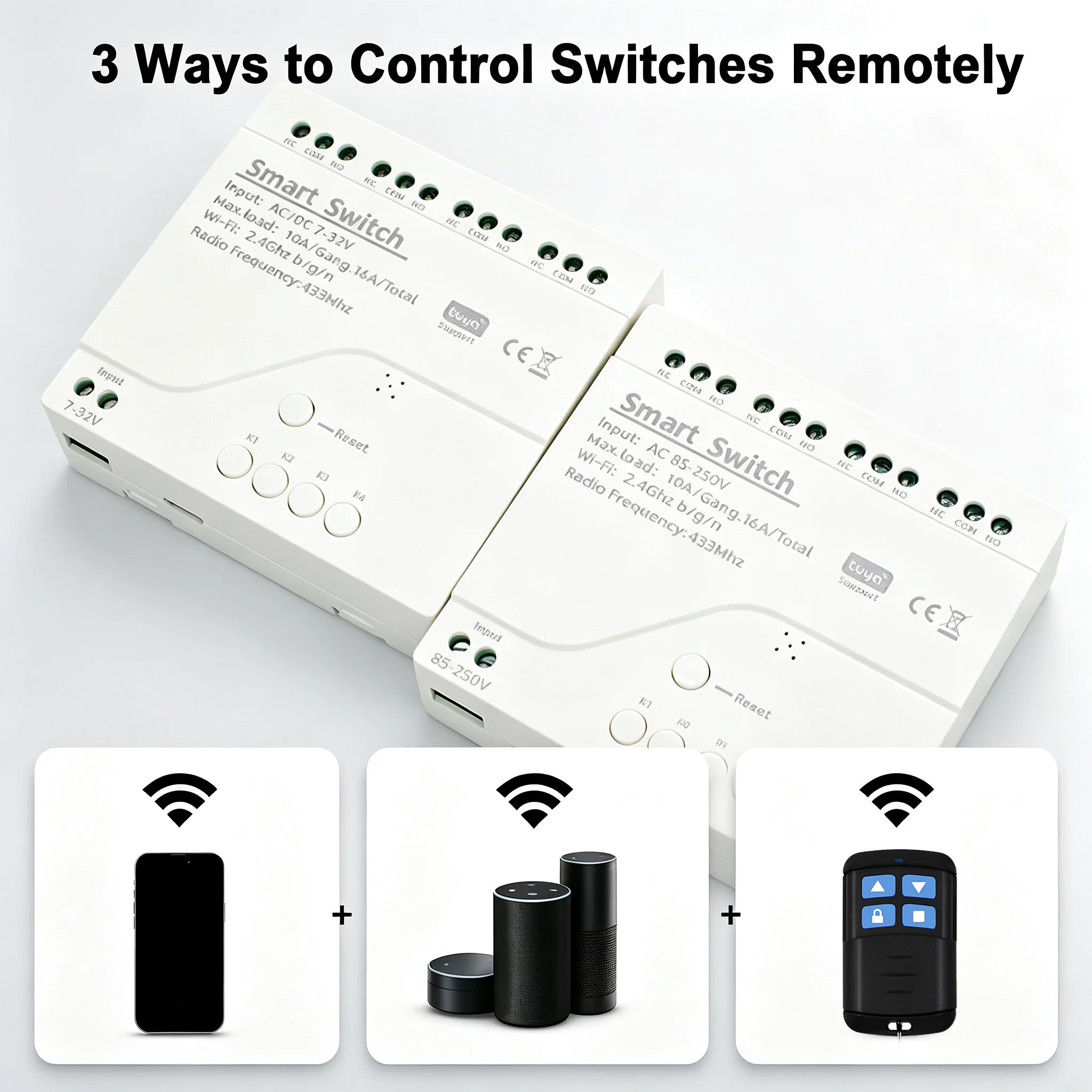 Din Rail Dry Contact Output Smart Relay Module 4CH RF433 for Curtain Motor WiFi Remote Control Controller Works with Tuya Alexa