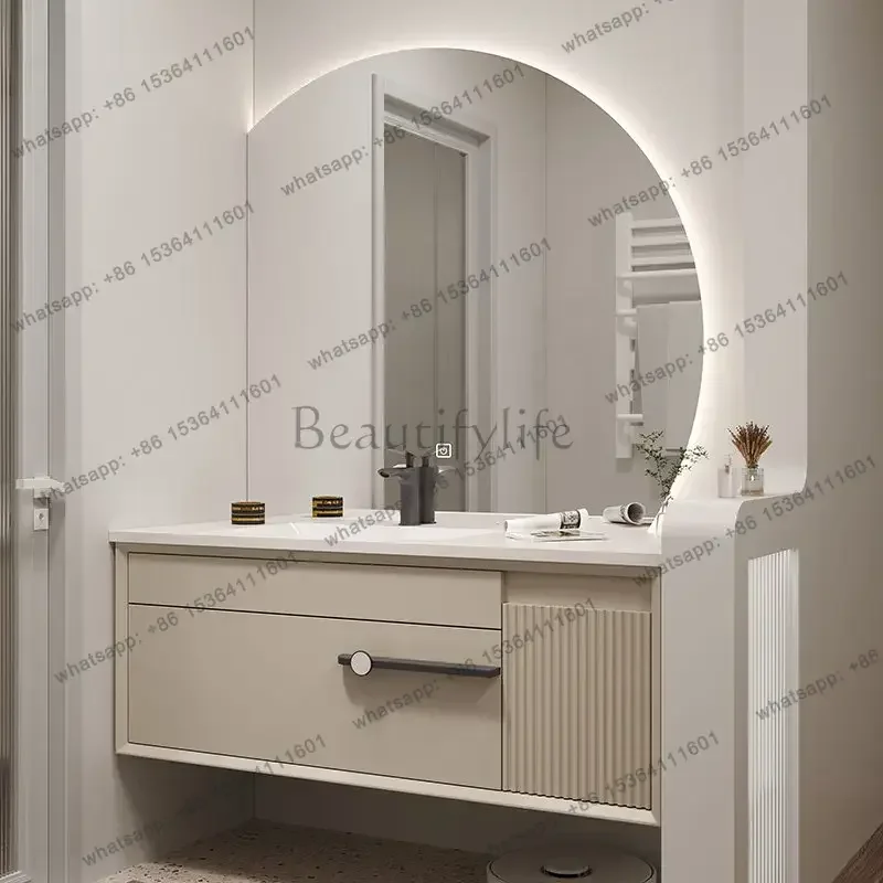 Cream wind bathroom cabinet combination rock slab seamless ceramic integrated basin modern simple washstand