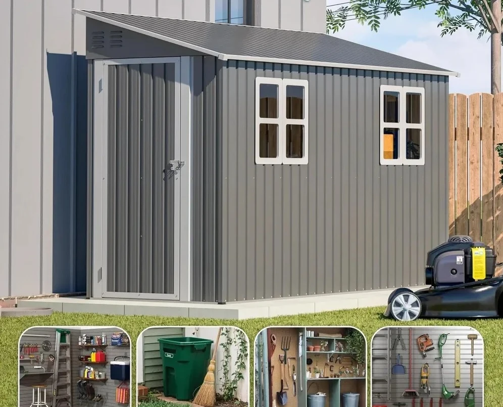 Caseta de Almacenamiento Exterior con 2 Ventanas, para Jardín, Patio Trasero, Caseta Metálica Grande de 4x10 Pies con Estructura de Piso