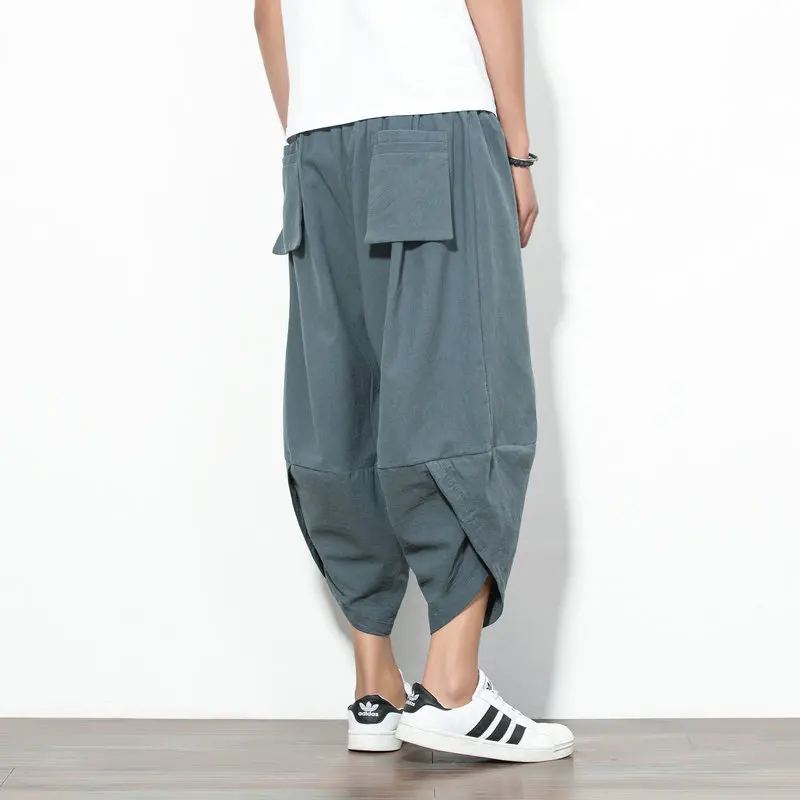 Men Chinese Style Cotton Linen Harem Pants Mens Retro Streetwear Beach Calf-Lenght Pants Male Casual Summer Calf-length Pants