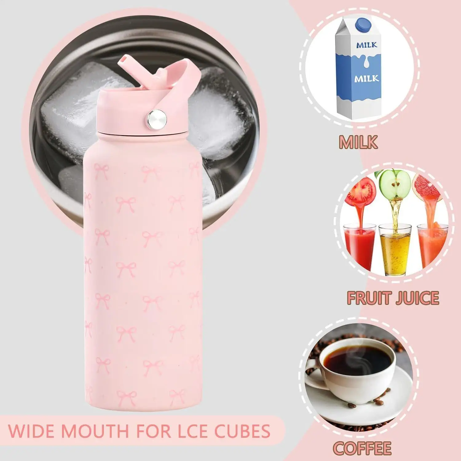 Water Bottle 1L Leakproof Cute Bow Pattern Vacuum Drinkware Cool Water Bottles With Straw For Hot Cold Coffee School Sports Home