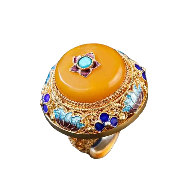 Ancient gold craftsmanship natural yellow chalcedony lotus enamel porcelain rings for women palace style luxury dinner jewelry