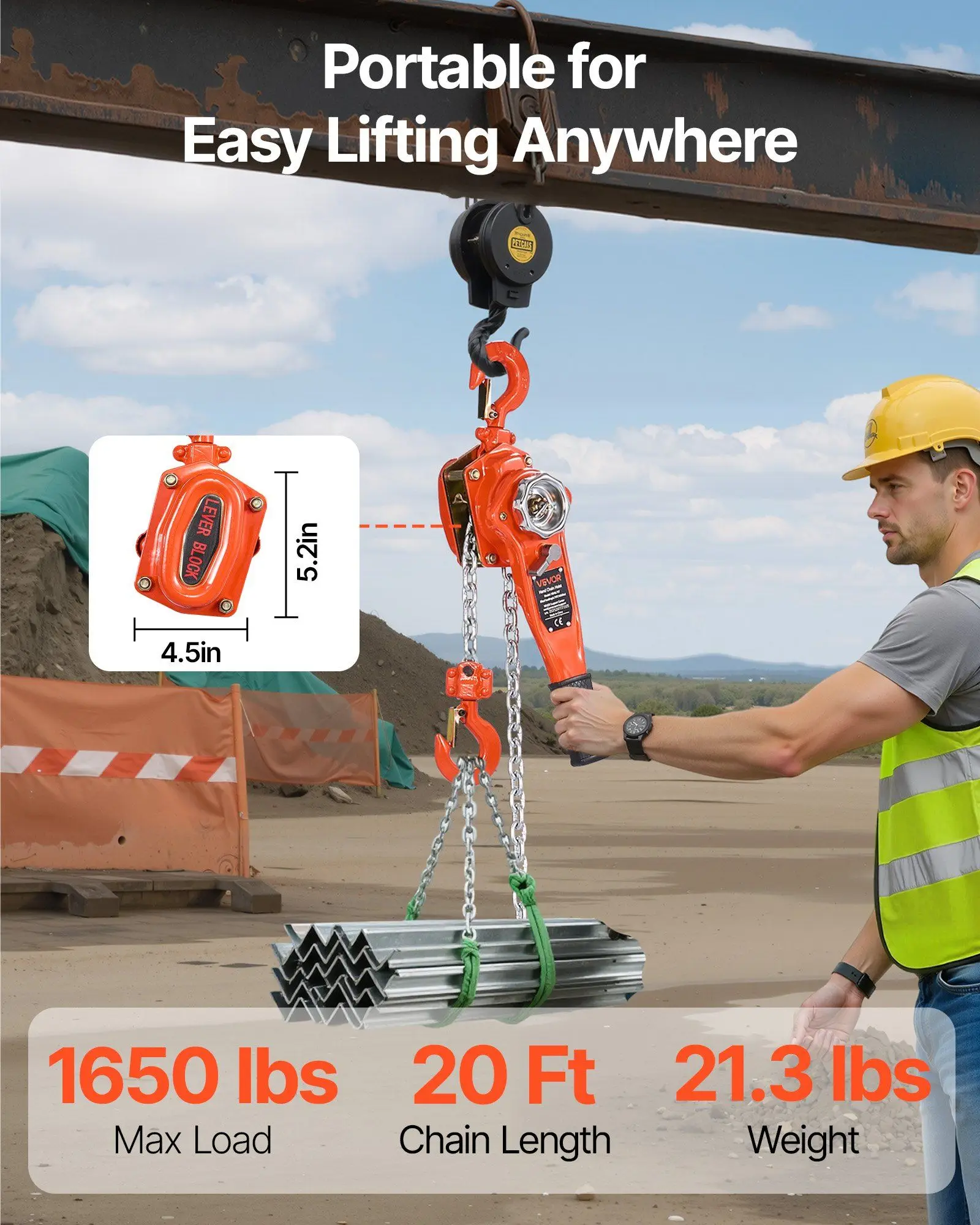 Manual Chain Hoist 3/4 Ton 20FT G80 Alloy Chain with 360° Rotating Hooks Lever Chain Hoist with Dual Pawl Mechanical Brake