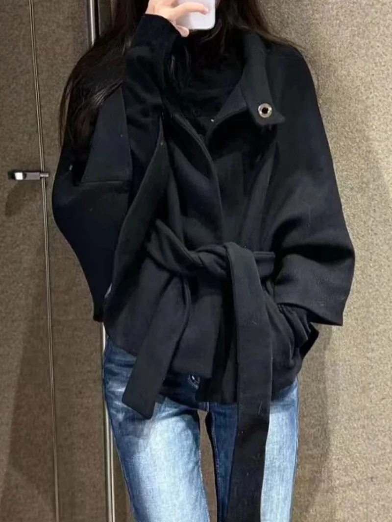 ETJ 2026 women's spring new elegant and stylish loose version of the coat high neck with belt and wide sleeve blend coat