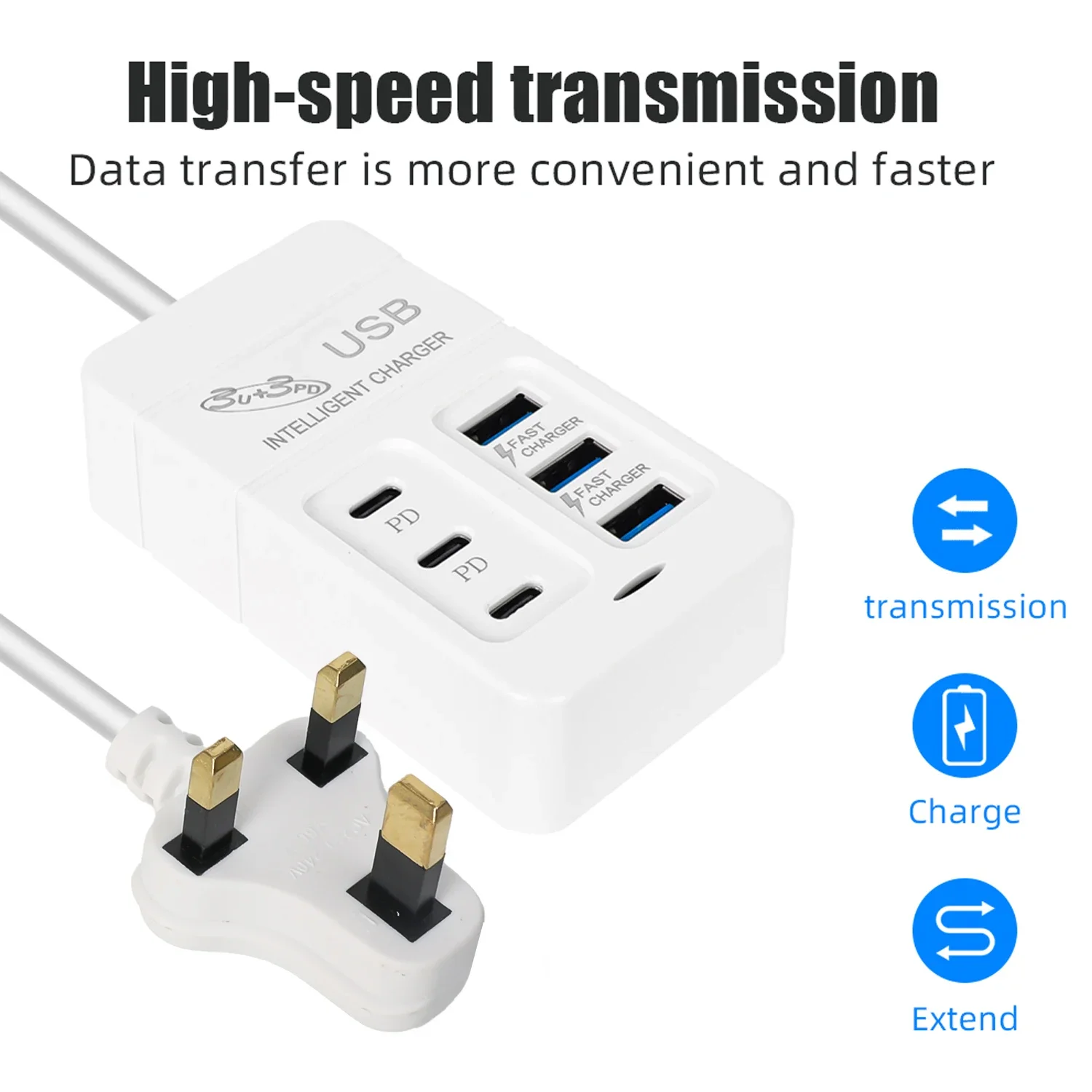 6Ports Multiport Power Strip EU/US/UK Plug Extension Cord Electrical Socket 6USB/3USB 3Type C PD Quick Charging Plugs Adaptors