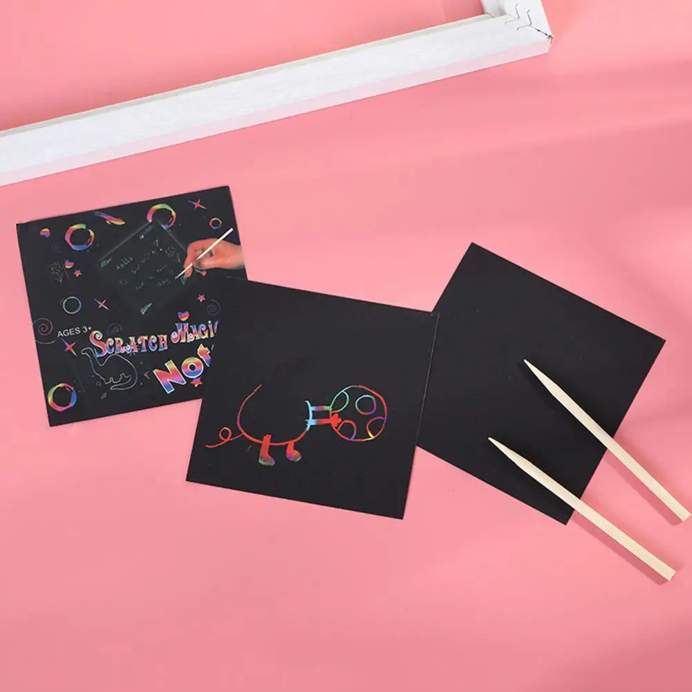 Scratch Paper colorido com 2 stylus de madeira, moldes de animais, DIY Draw, pintura brinquedos, estudantes suprimentos, crianças, crianças, 100pcs