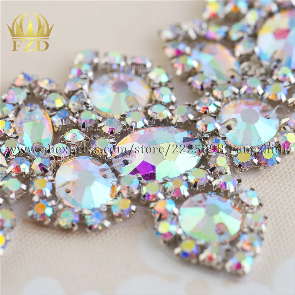 (30pieces) Wholesale Sewing On Crystal Beaded AB Rhinestone Applique for Wedding Dress Bridal Sash Clothing Decorative Trim