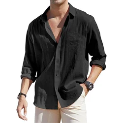 European and American men's loose long sleeved linen shirt, men's business casual button up shirt, lightweight and breathable va