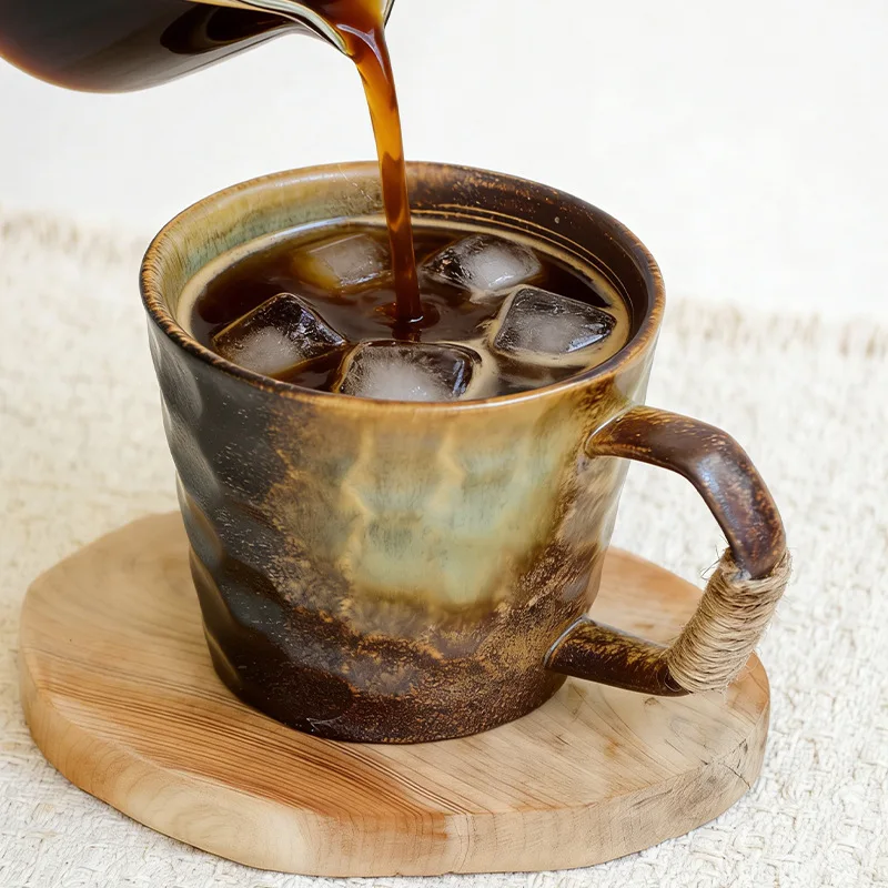 Japanese Coarse Pottery Mug Handmade Embossed Coffee Cup Vintage Kiln Turned Couple Pairing Breakfast Cup
