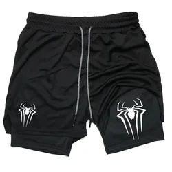 Men's spider print gym casual sports compression shorts run mesh 2-in-1 sports shorts men clothing streetwear pants