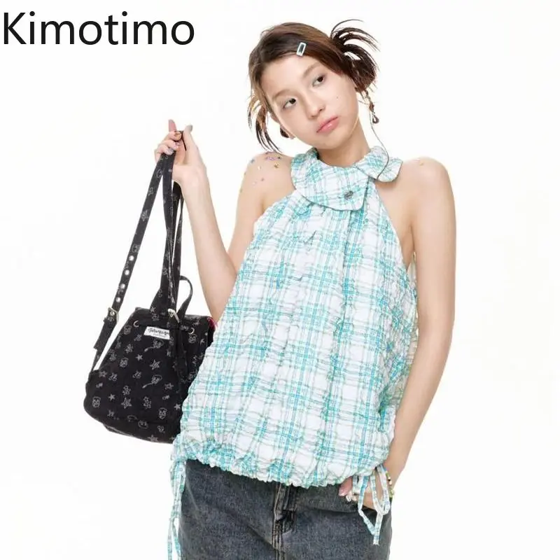 Kimotimo Y2K Halter Neck Plaid Crop Top Women Summer Sweet Plaid Lapel Sleeveless Folds Drawstring Shirt Vintage Fashion Blouse