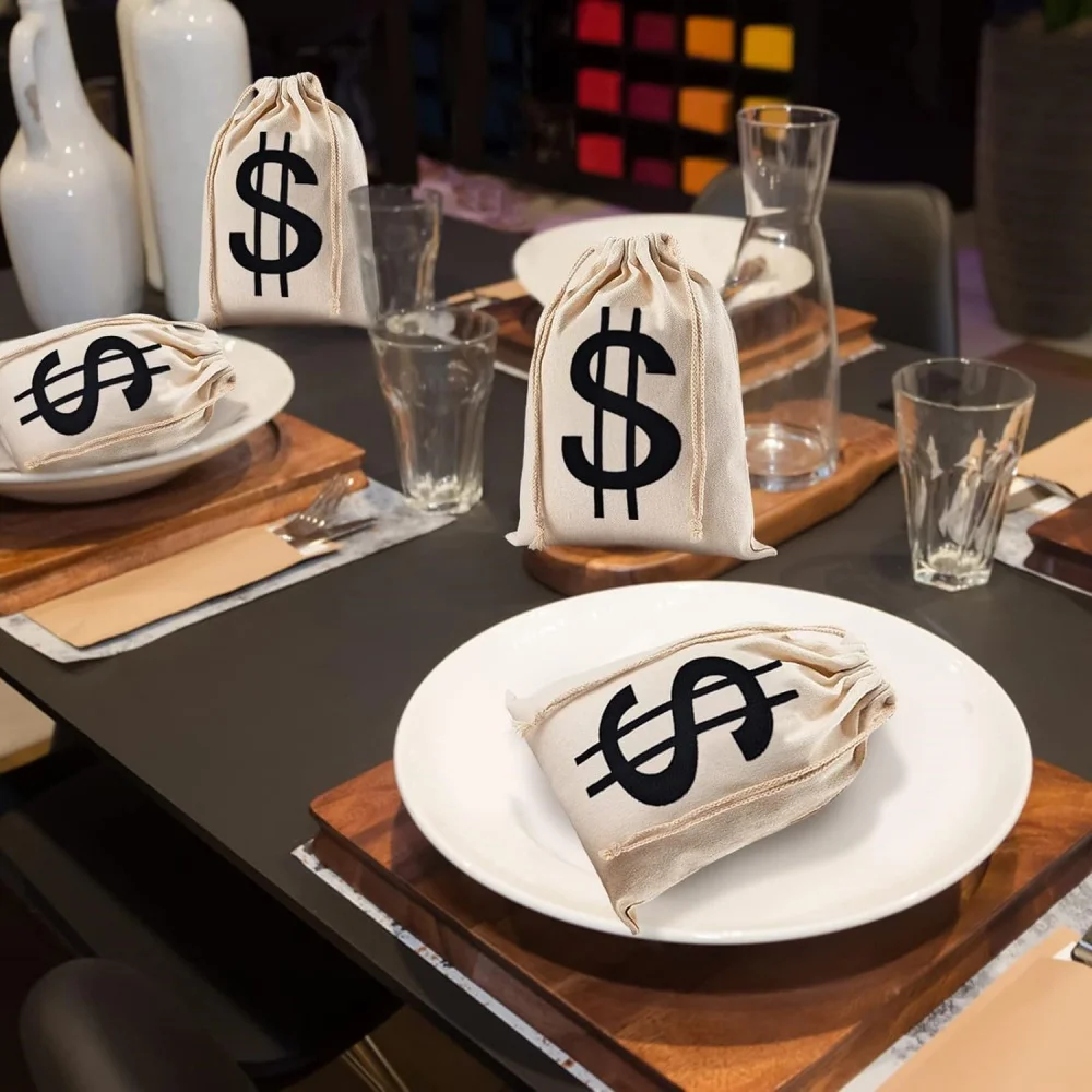 Paquete de 20 bolsas pequeñas de lino para dinero, 6,3X9 pulgadas, con cordón de signo de dólar, sacos de utilería de Halloween para fiesta de cosplay