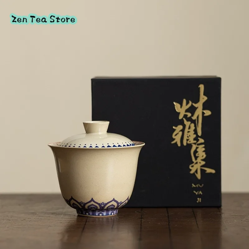 Blue Lotus Ten Thousand Buddha Cover Bowl Small Household Ceramic Three Bowl To Tea Cup Hand Grip Kung Fu Tea Set Tea Bowl