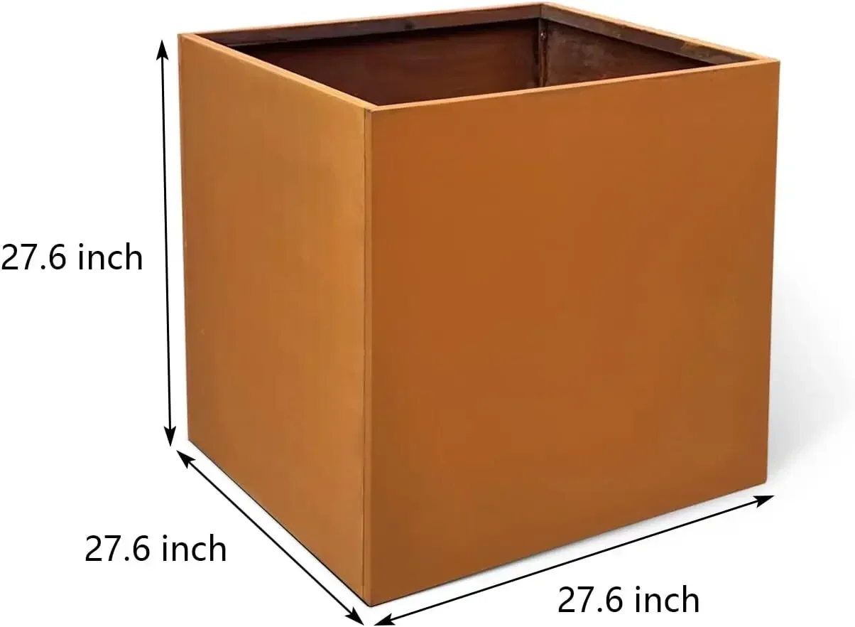 Corten Steel Planter Large Outdoor Planter Metal Square Planter Tall Plant Cube Rustic Flower Pot 27.6 Inch Durable Antique