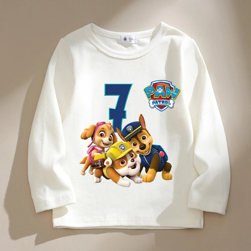 New Paw Patrol Kids Long Sleeves T-shirts Cartoon Birthday Number Printed Tops Baby Boys Cotton T Shirt Autumn Children Clothing