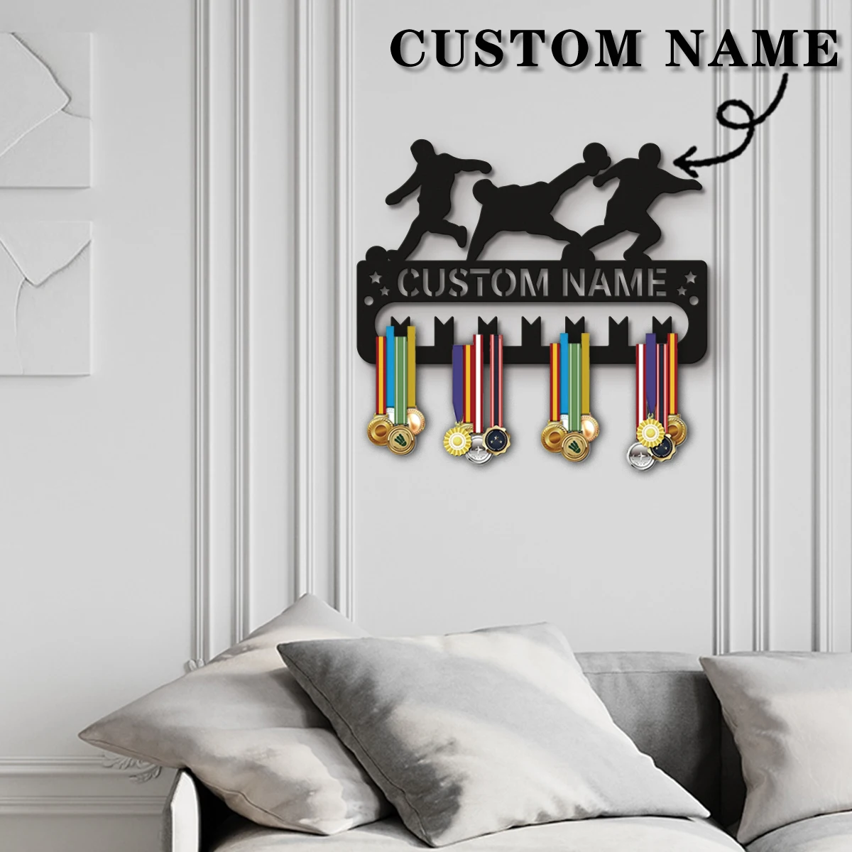 1pc Custom Wooden Creative Football Medal Hanger, Personalized Medal Display Rack for Athletes,Ideal Gift for Family Friends