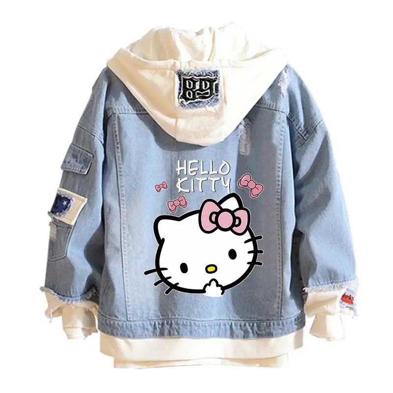 Anime Cartoon Sanrio Hello Kitty Cowboy Coat Fashion Kawaii Spring Autumn Couple Cute Loose Hooded Denim Jacket Couples Dress