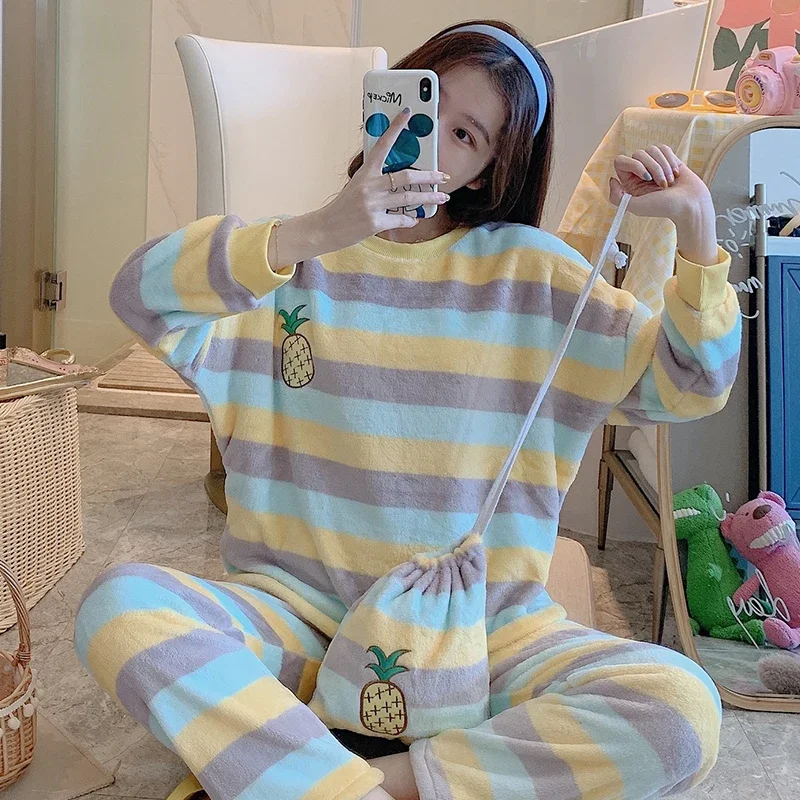 

Pajama Sets Women Soft Velvet Fashion Sweet Rainbow Design Ulzzang Chic Girls Sleepwear Pregnant Ladies Thicker Winter Homewear