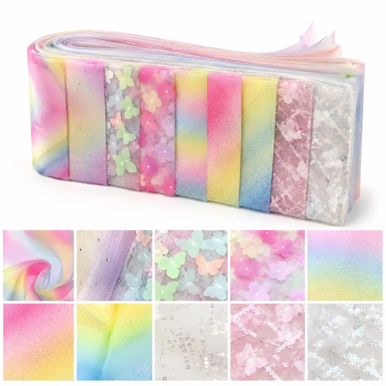 10pcs Butterfly Mesh Gauze Jelly Roll Fabric Strips 2.5X19.7inch Pre-cut Polyester for Patchwork Quilts, Table Runners Placemats
