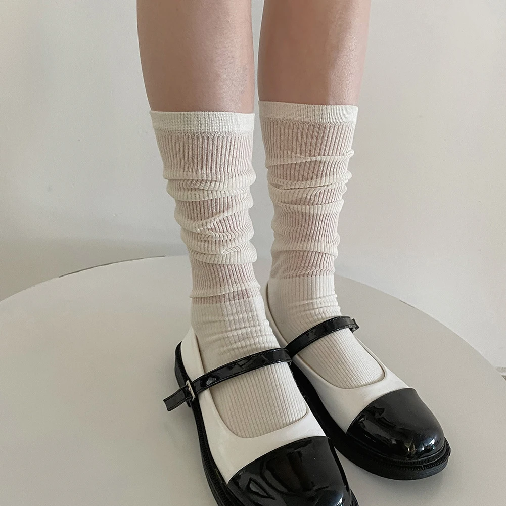 Calcetines finos de seda de Color liso para mujer, medias de punto con rayas verticales, estilo japonés, primavera y verano