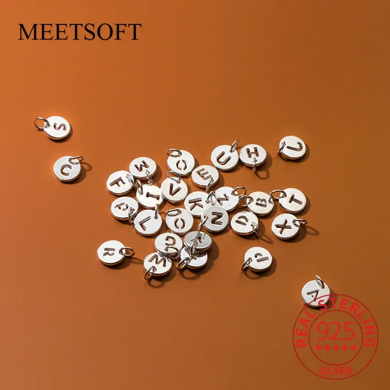 925 Sterling Silver Charming Round Brand Hollow Out 26 English Letter Charms DIY Bracelet Handmade Woven Rope Material Accessory