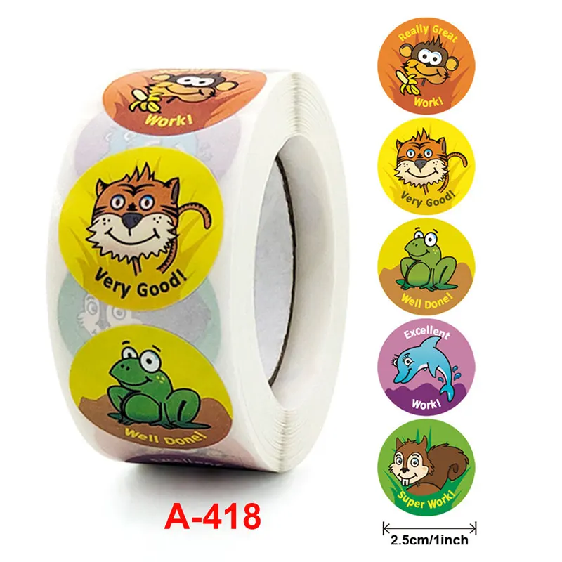 500Pcs Cartoon Stationery Sticker Label Student Motivational Encourage Reward Animal Adhesive Decals Roll Children Kids Gift