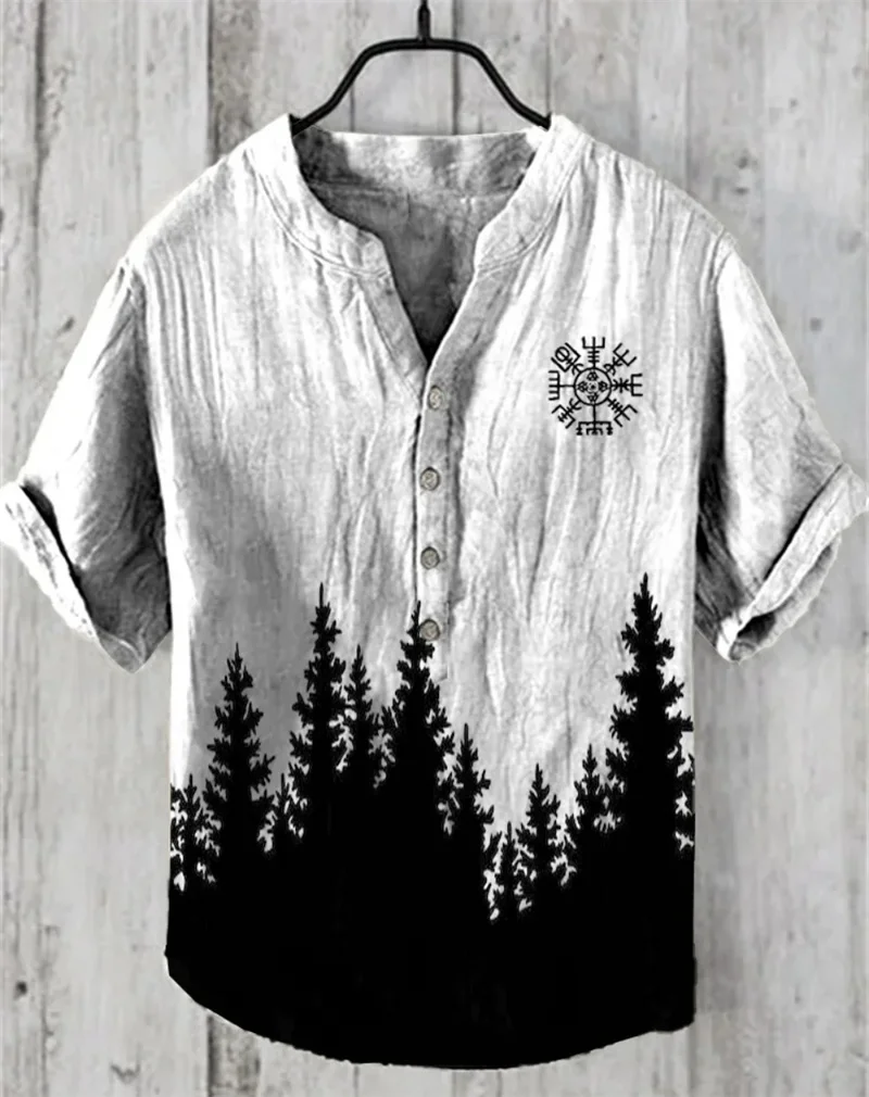 Summer New Men's Short Sleeve Shirt Pattern Art Print Men's 100% Linen Button Shirt Short Sleeve Comfort Shirt