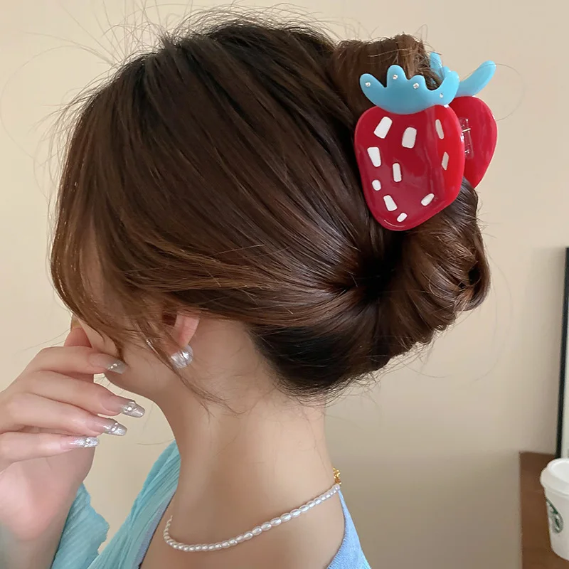 Cute Sweet Pink Red White Strawberry Fruits Hair Clip Claw For Women Girls New Acetate Big Hairpin Hair Accessories Tool