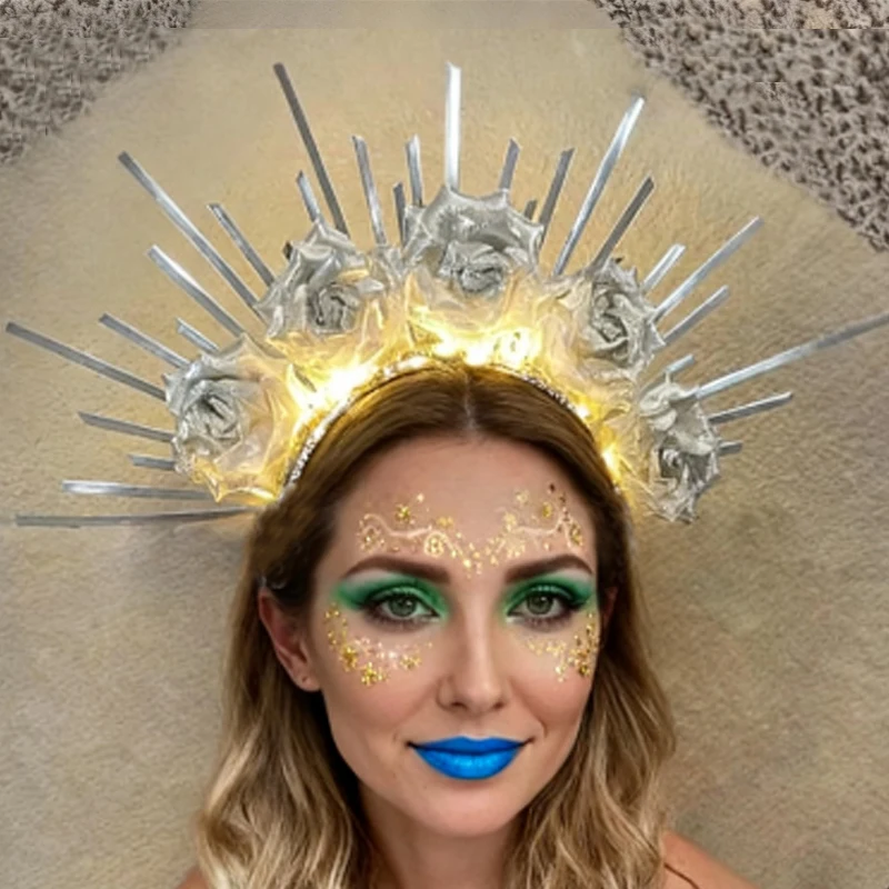 

LED Goddess Headband - Light Up Metallic Rose Crown with Sunburst Design -Disco Festival Christmas Party Hair Accessory encender