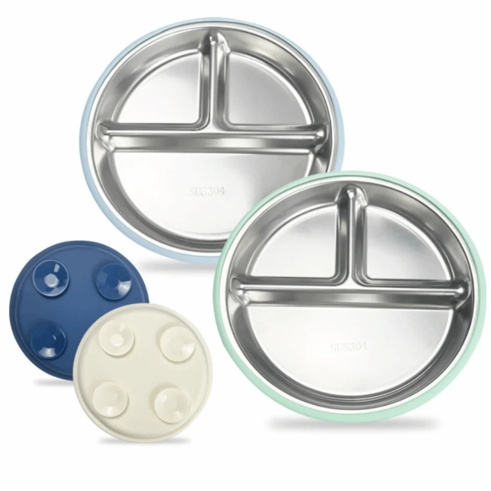 Divided Design Suction Cup Plates Silicone Shell 304 Stainless Steel Baby Sucker Dining Plate Safe Material Non-Slip