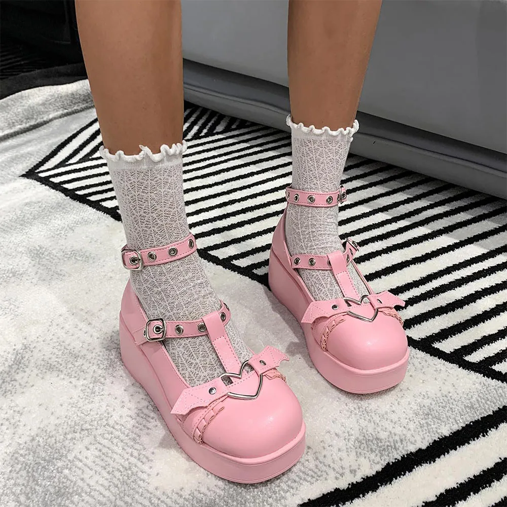 DoraTasia Fashion Black Gothic Round Toe Chunky Heel Ladies Mary Jane Cute Heart Party Nightclub Shoes Woman