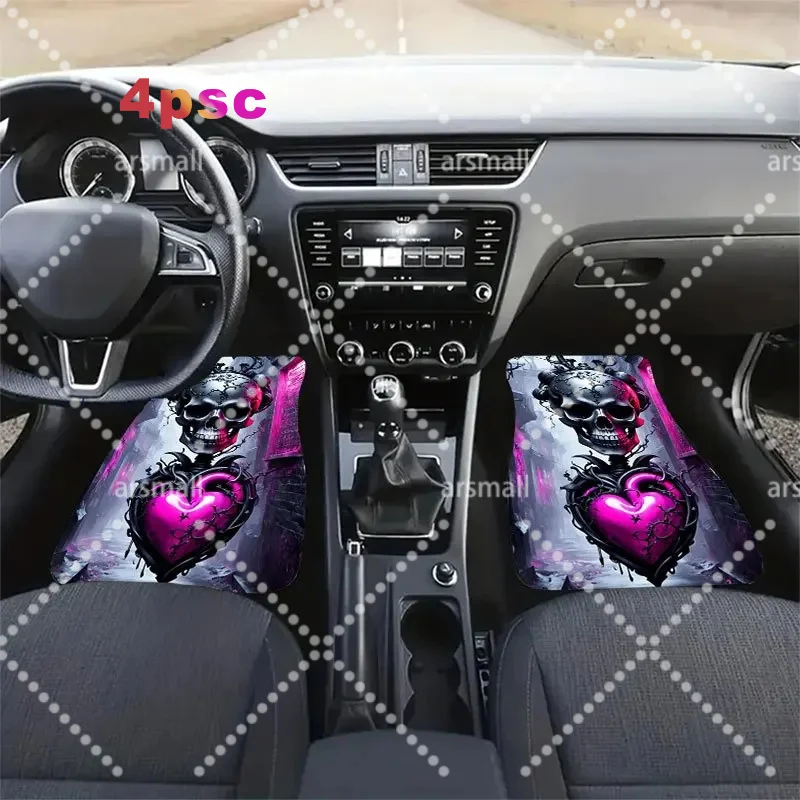 4pcs Gothic Skull & Heart Car Floor Mat Set - Crystal Velvet Anti-Slip Fit, Pink & Black Design With Purple/Pink Heart & Skull P