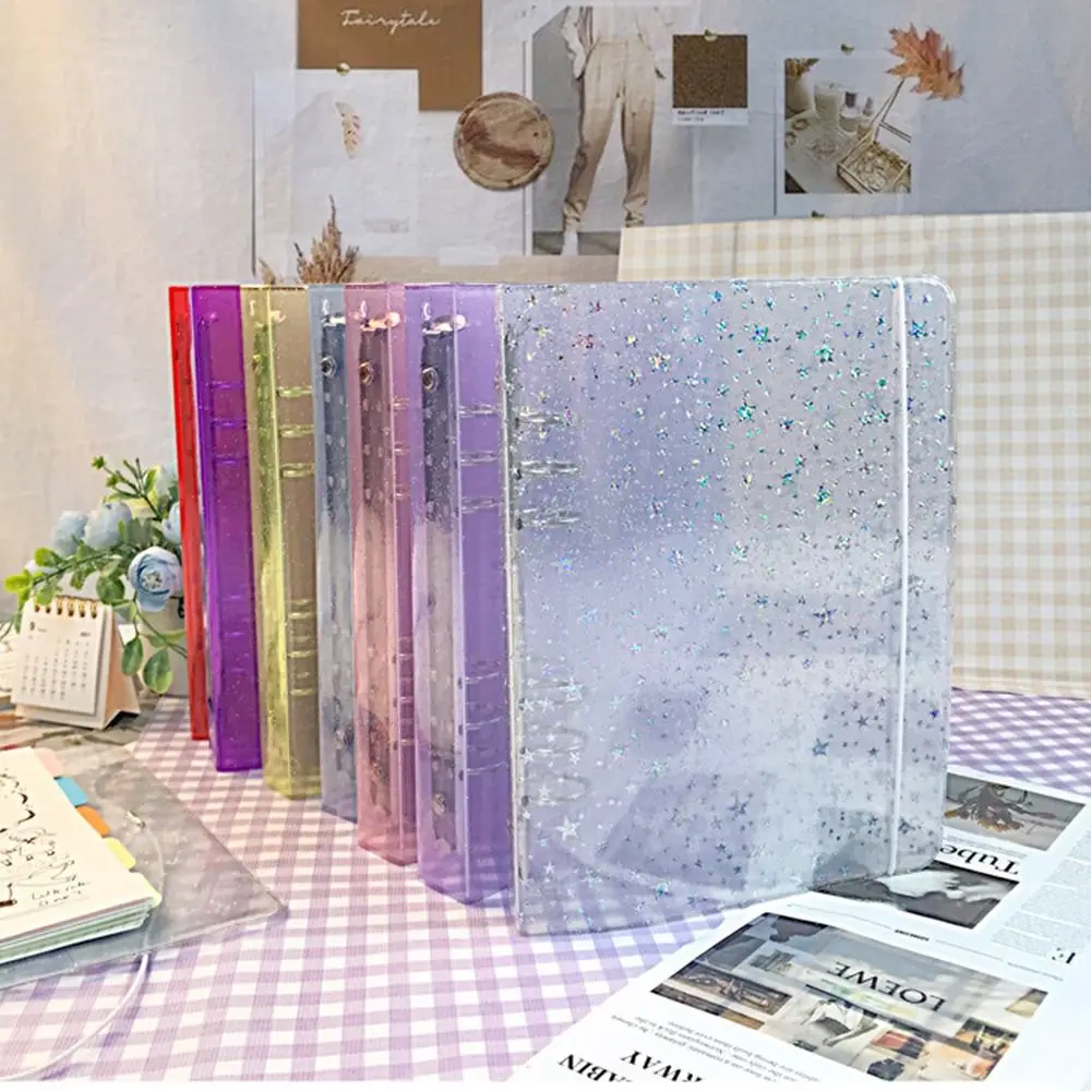 Creative Colored Binder Cover Transparent A5/A6 Size Handbook Cover PVC Glitter Sequins Loose Leaf Binder Cover School Supplies