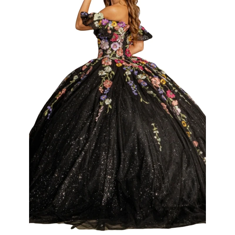 Vestidos de fiesta negros góticos elegantes personalizados para mujer, apliques de flores, vestido de baile, Reina de la danza, dulce 15 16, fiesta Formal de quinceañera